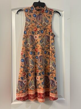 Angie Floral Paisley Swing Mini Dress M Boho Mock Neck